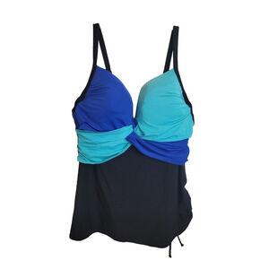 Lane Bryant Black Blue Convertible Ruched Swimwear Tankini Top Underwire Sz 42C
